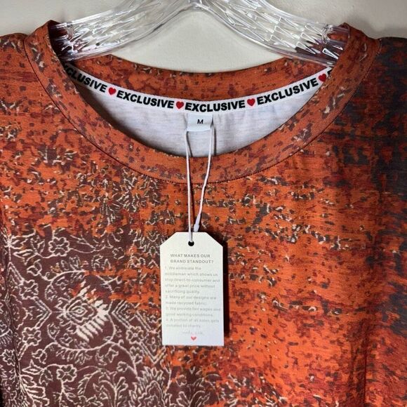 Exclusive Mandala Print Tunic Dress in Rust Long Sleeve Shift Pockets M - Picture 5 of 12